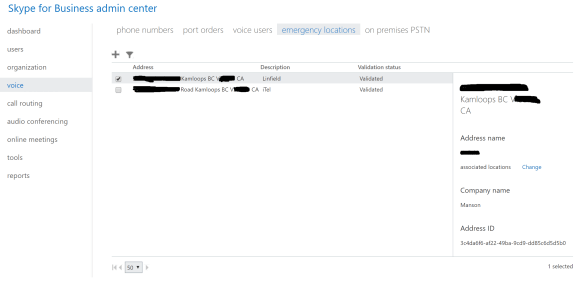 Emergency location information in the admin center of Office 365